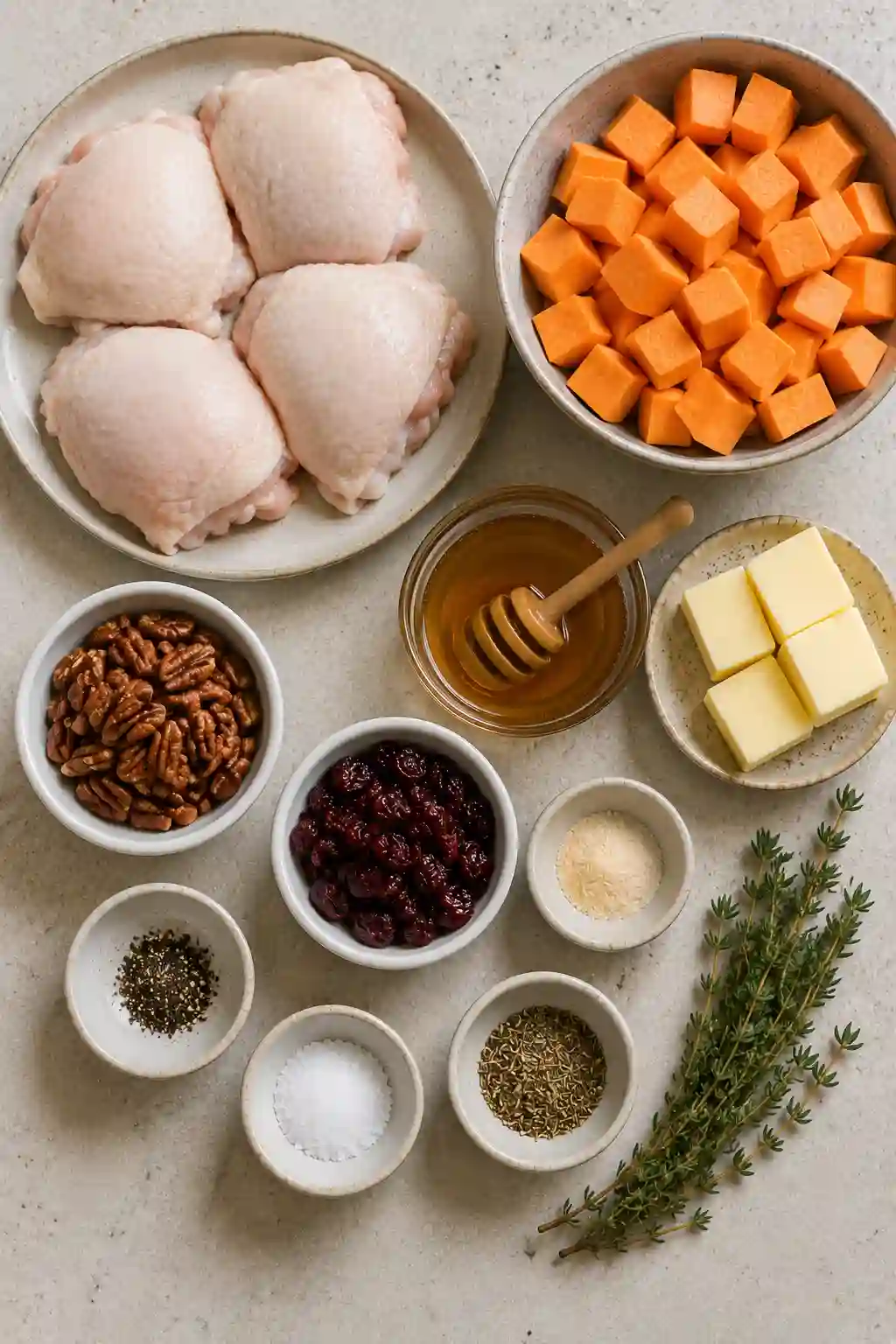 Juicy honey butter chicken with roasted sweet potatoes, garnished with fresh thyme and cracked black pepper for an easy family dinner.