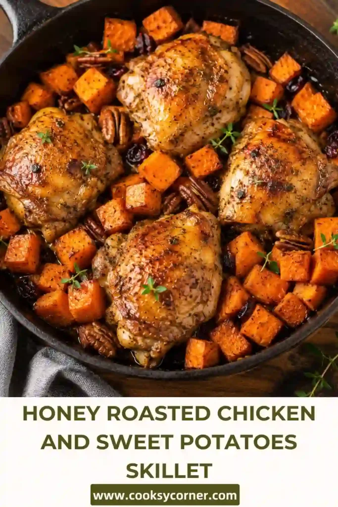 A skillet filled with Honey Roasted Chicken and Sweet Potatoes Skillet, featuring golden chicken thighs, roasted sweet potatoes, pecans, dried cranberries, and fresh thyme.