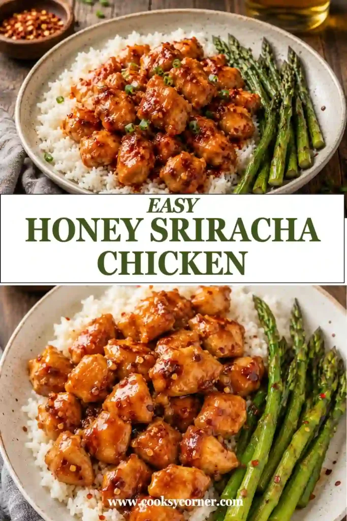 Close-up of homemade Honey Sriracha Chicken coated in a rich sticky glaze with sesame seeds and green onions in a serving bowl.