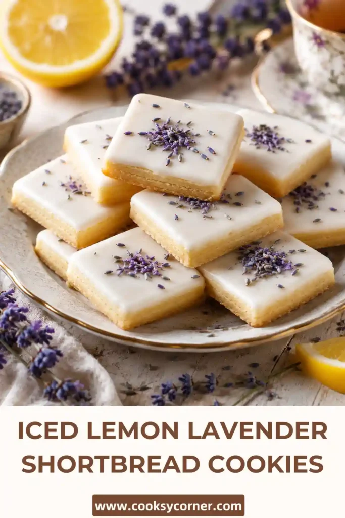 Homemade lavender shortbread cookies glazed with fresh lemon icing and arranged on a serving platter. A beautiful floral cookie recipe for tea parties.