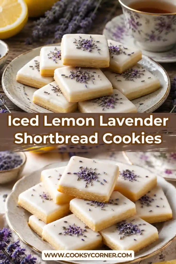 A plate of iced shortbread cookies featuring bright lemon zest and fragrant lavender. Each cookie has a crisp edge and tender buttery center.