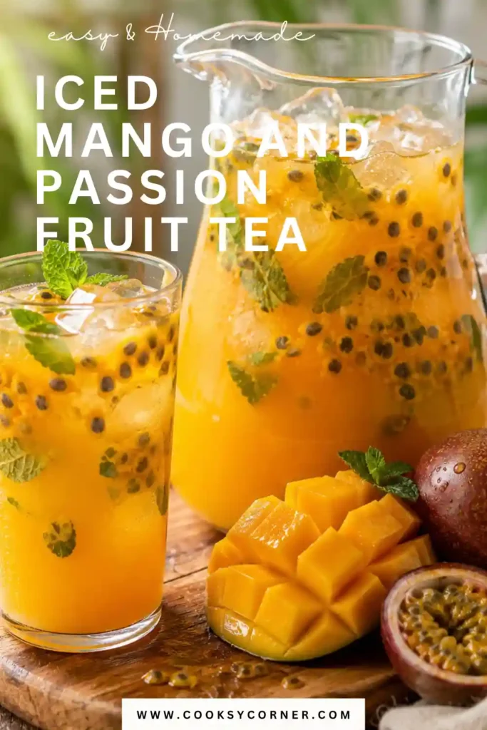 Refreshing mango iced tea blended with passion fruit juice and served over ice. This homemade fruit tea is perfect for hot summer days and outdoor gatherings.