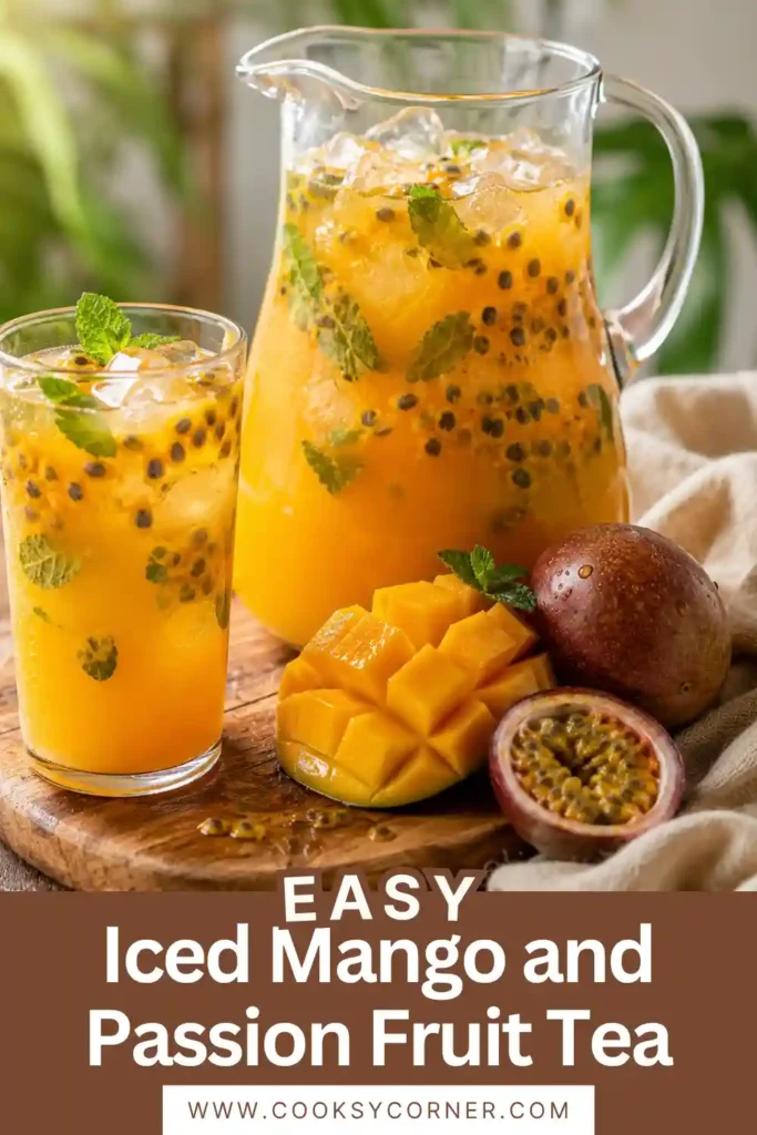 Fresh homemade Iced Mango and Passion Fruit Tea in a clear glass pitcher with mango slices and mint garnish. The vibrant golden color makes this tropical fruit tea irresistible.