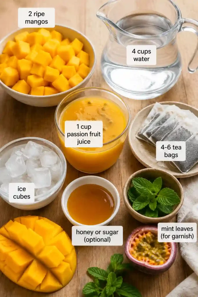 A chilled tropical iced tea made with fresh mango puree, passion fruit juice, and brewed tea. Garnished with mint for a colorful and refreshing presentation.