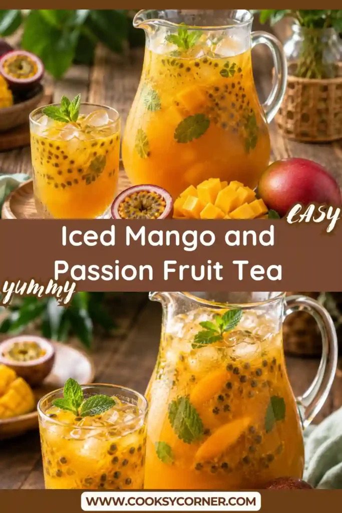 A glass of Iced Mango and Passion Fruit Tea served over ice with fresh mint leaves. This tropical iced tea features ripe mangoes and passion fruit juice for a refreshing summer drink.