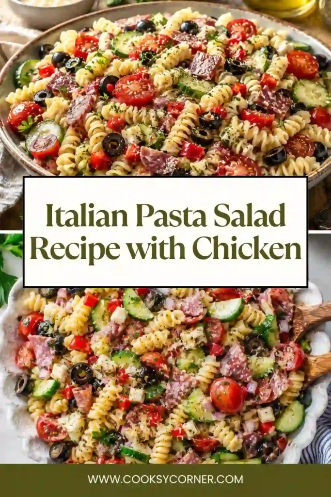 A colorful cold pasta salad featuring rotini, juicy chicken, halal beef salami, roasted red peppers, cucumbers, tomatoes, olives, and grated Parmesan. This easy Italian Pasta Salad Recipe is perfect for summer gatherings.