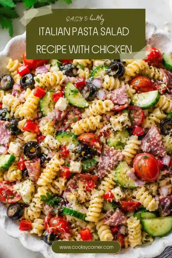 Italian Pasta Salad Recipe served in a large bowl with rotini pasta, shredded chicken, halal beef salami, cherry tomatoes, cucumbers, olives, Parmesan cheese, and fresh parsley. The homemade Italian dressing gives the salad a vibrant and refreshing finish.