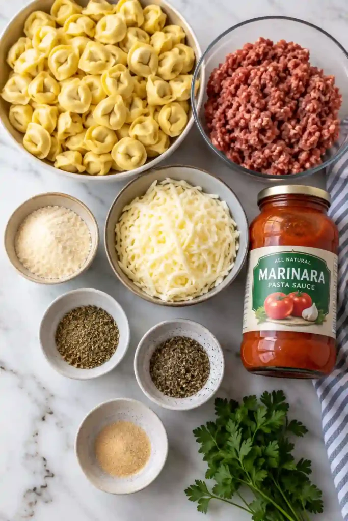 Homemade Italian Sausage Tortellini Casserole with bubbling mozzarella, Parmesan cheese, and fresh parsley garnish. An easy pasta casserole ideal for family meals and meal prep.