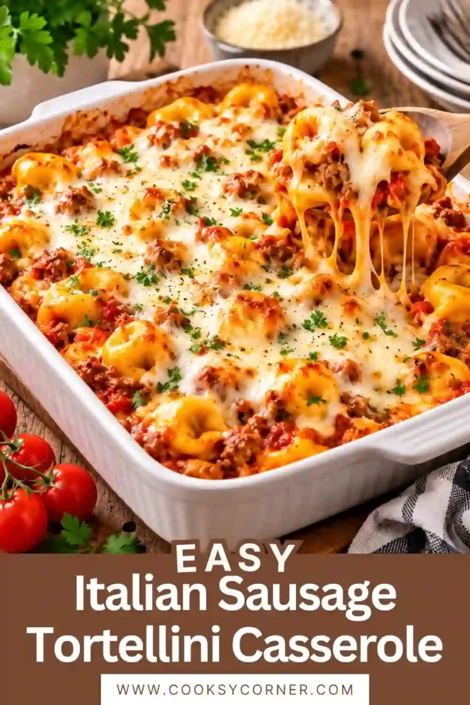 Golden, bubbly Italian Sausage Tortellini Casserole served fresh from the baking dish. This cheesy baked tortellini recipe is perfect for easy weeknight dinners.