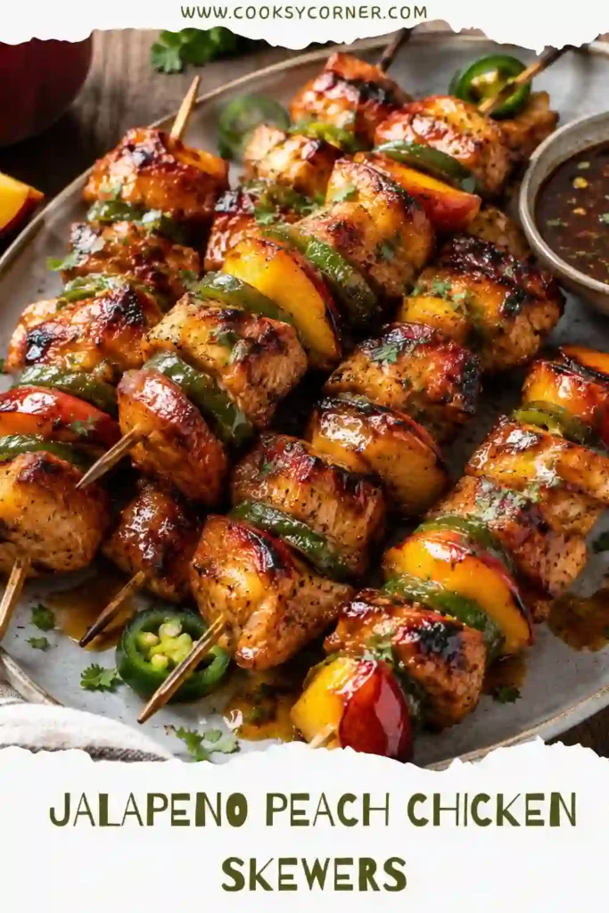 Sweet and spicy chicken skewers made with juicy peaches and fresh jalapenos. This easy peach chicken recipe is served warm with a homemade peach glaze.