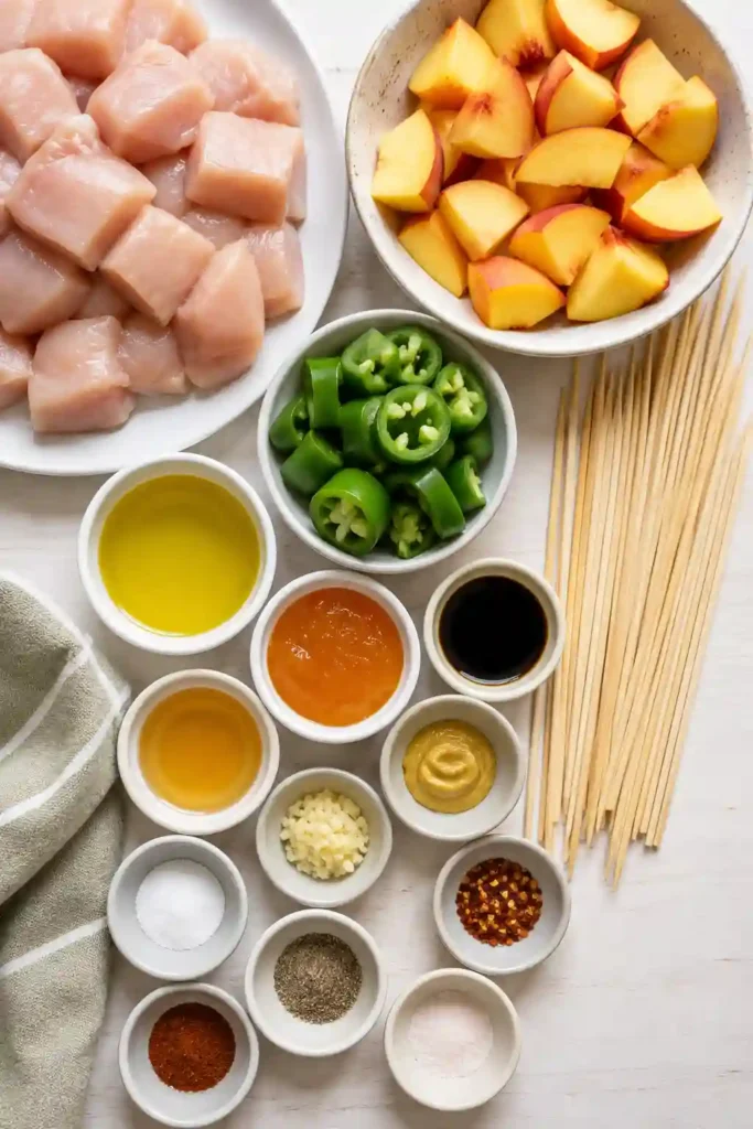 Golden-brown Jalapeno Peach Chicken Skewers arranged on a serving platter with fresh peaches. A vibrant air fryer meal that's perfect for summer gatherings.
