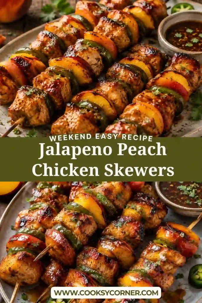 Air fryer chicken skewers featuring tender chicken, fresh peaches, and jalapeno peppers. A colorful summer chicken recipe with caramelized fruit and flavorful glaze.