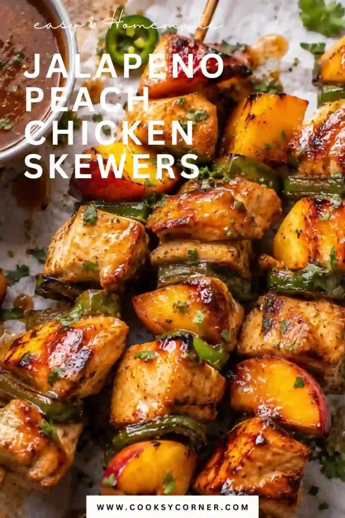 Juicy Jalapeno Peach Chicken Skewers cooked in the air fryer with ripe peaches and fresh jalapenos. The skewers are brushed with a glossy peach glaze for a sweet and spicy finish.