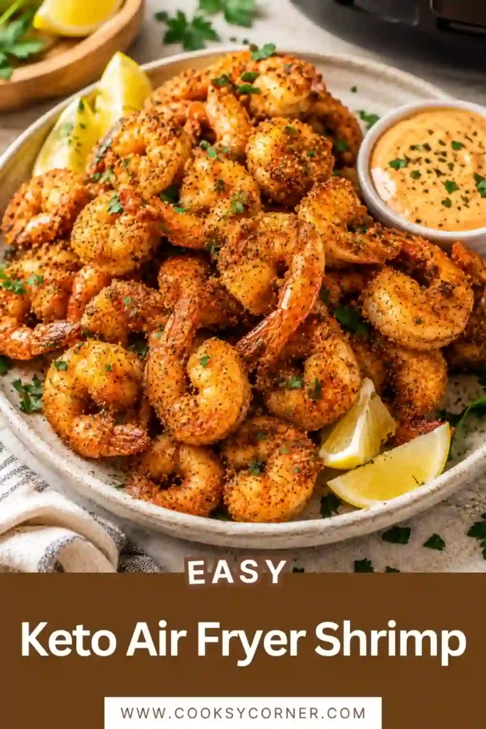Golden keto air fryer shrimp coated in seasoned almond flour and served with homemade sugar-free sweet chili sauce. This crispy low-carb shrimp recipe is perfect for an easy healthy dinner.