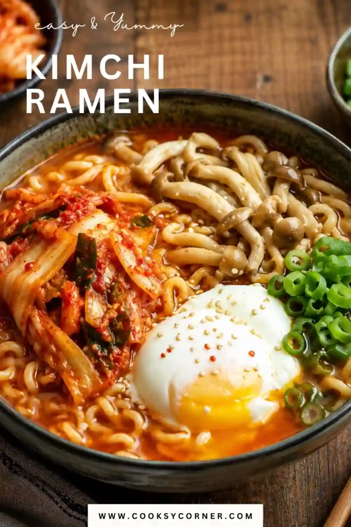 Spicy Kimchi Ramen featuring tender noodles, tangy kimchi, earthy mushrooms, and a perfectly poached egg. This comforting noodle soup is packed with bold flavor.