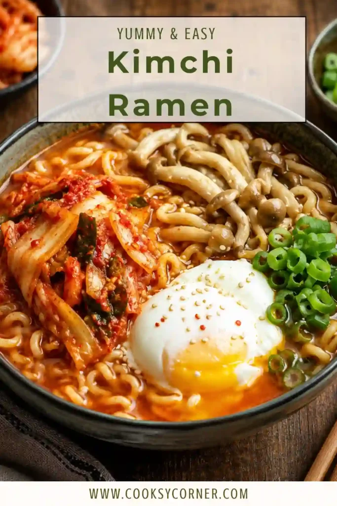 Homemade Kimchi Ramen topped with soft poached eggs, mushrooms, and fresh scallions in a rich spicy broth. A quick and satisfying meal for lunch or dinner.