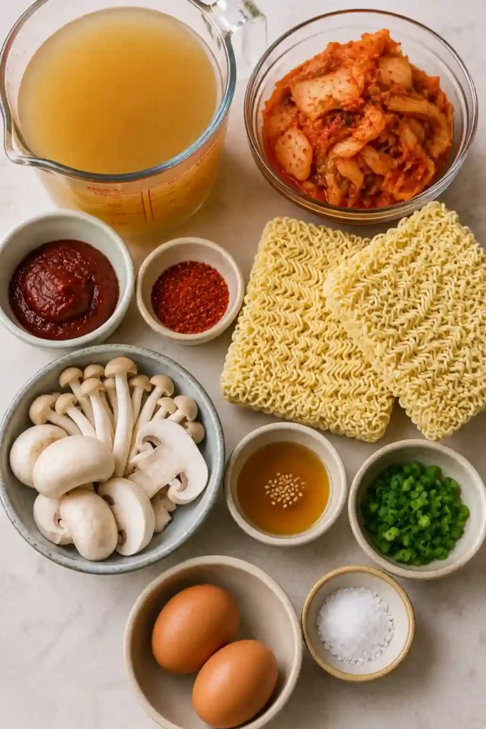 A vibrant bowl of Korean-inspired Kimchi Ramen made with gochujang, instant ramen, mushrooms, kimchi, and fresh scallions. Perfect for an easy weeknight meal.