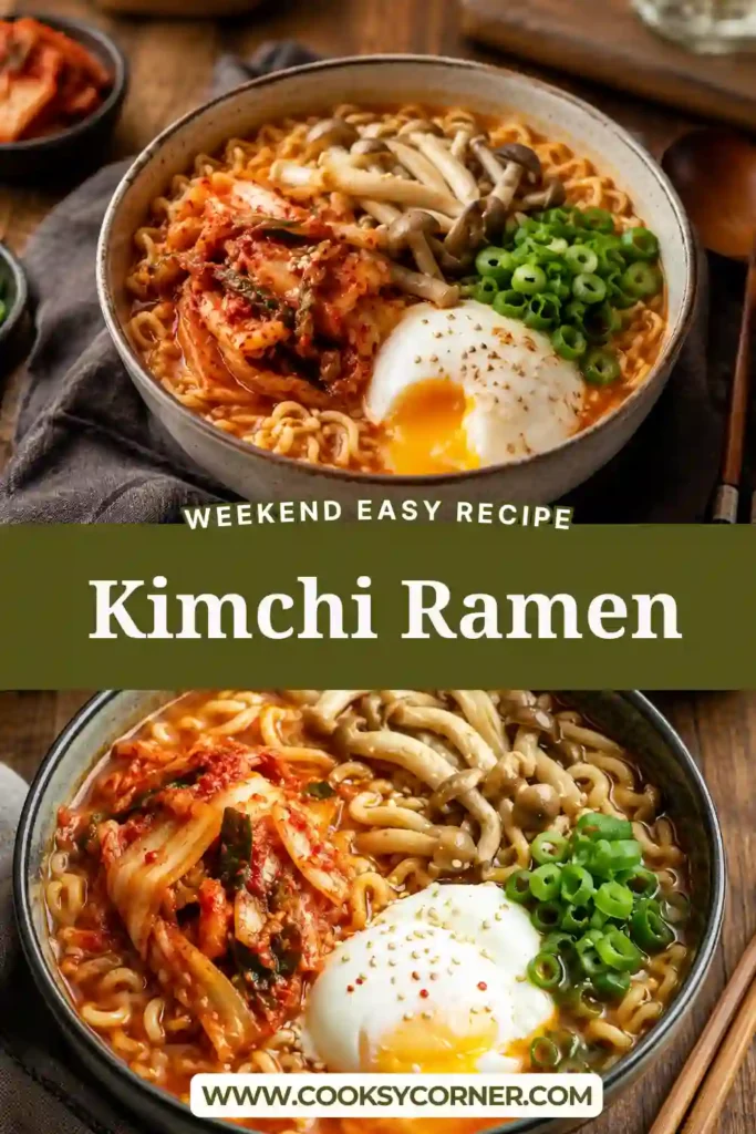 A steaming bowl of Kimchi Ramen with instant noodles, spicy kimchi, mushrooms, poached eggs, and chopped scallions. This Korean-inspired noodle soup is warm, flavorful, and comforting.