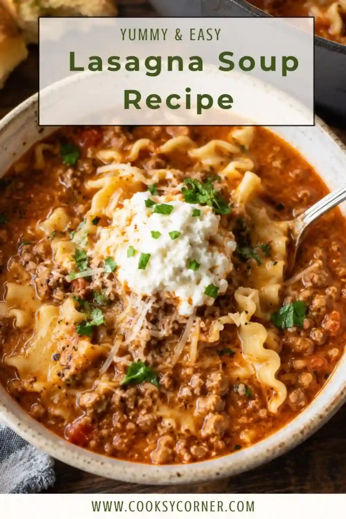 Close-up of homemade lasagna soup served with ricotta, Parmesan, fresh parsley, and bowtie pasta in a hearty tomato broth. A comforting ground beef soup recipe.