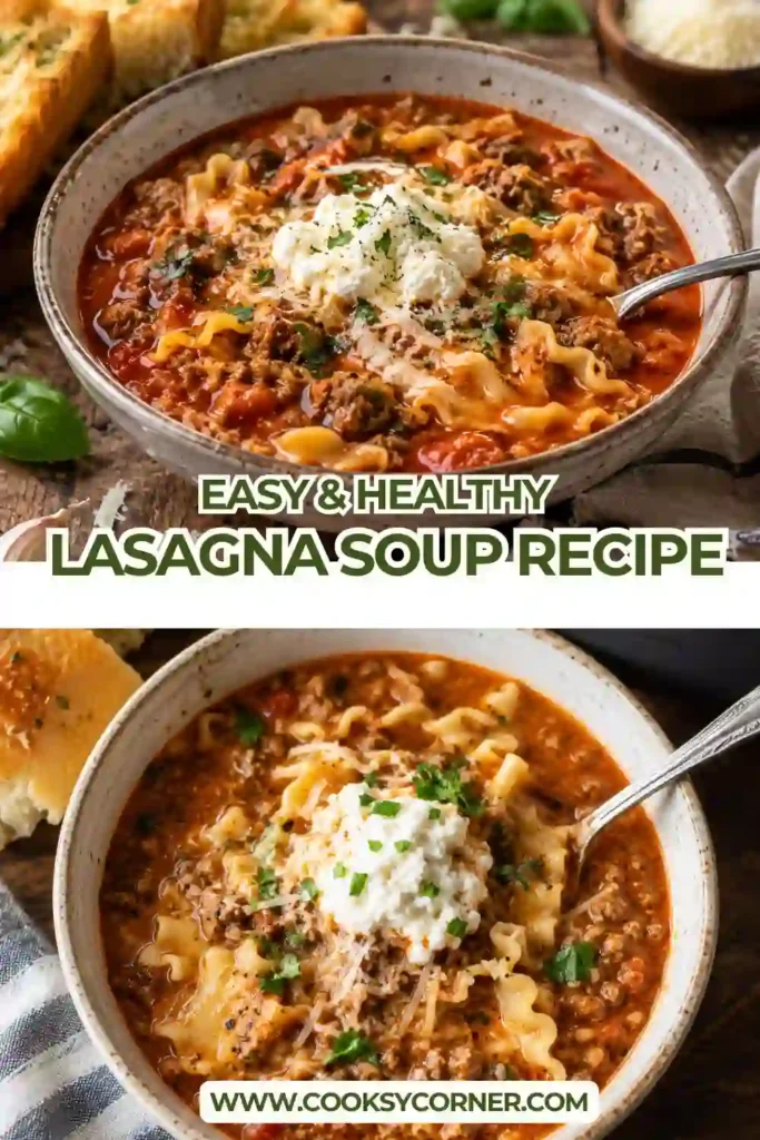 A comforting bowl of cheesy lasagna soup with bowtie pasta, ground beef, tomato broth, Parmesan, mozzarella, and parsley. Perfect for cozy family dinners.