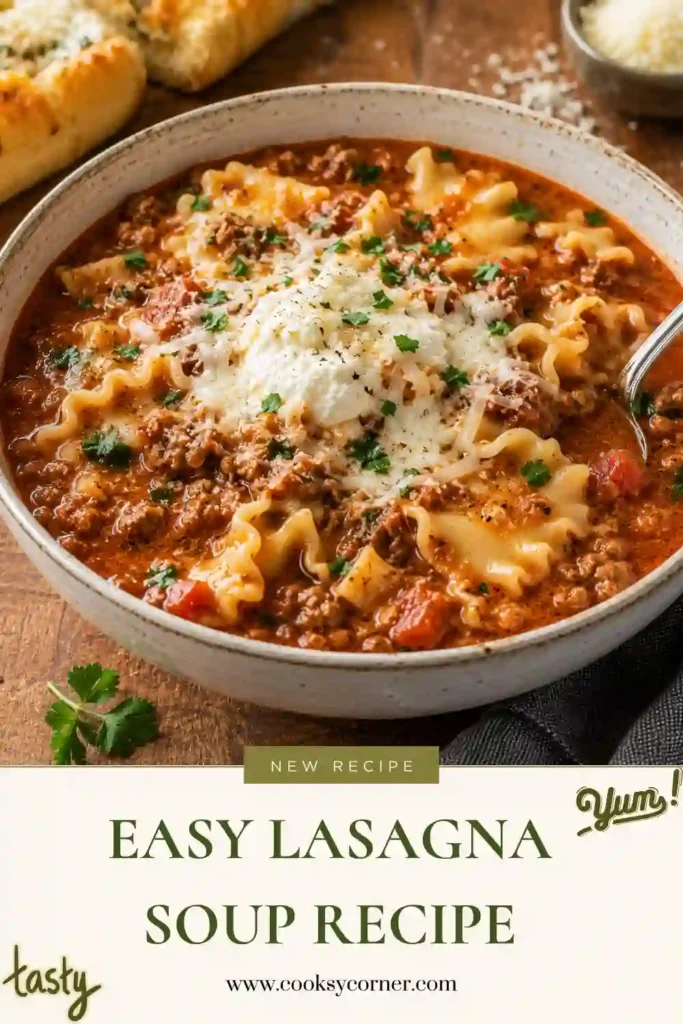 A bowl of Easy Lasagna Soup Recipe topped with creamy ricotta, shredded mozzarella, Parmesan cheese, and fresh parsley. This hearty one pot lasagna soup features ground beef, pasta, and rich tomato broth for the ultimate comfort food.
