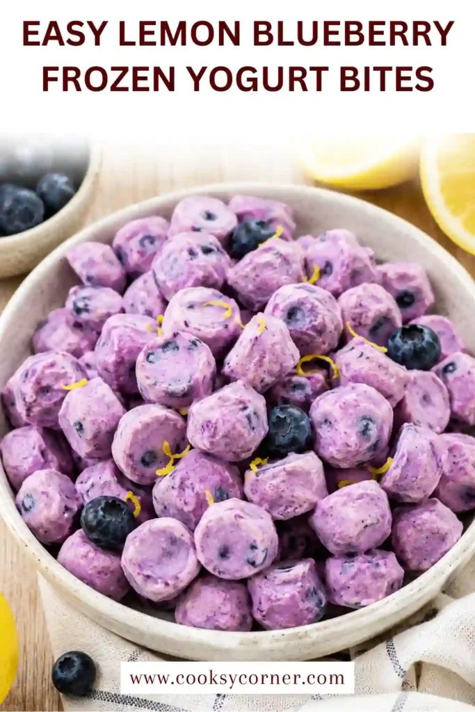 Homemade Lemon Blueberry Frozen Yogurt Bites served chilled with fresh blueberries and lemon slices. A healthy no-bake frozen dessert for warm days.