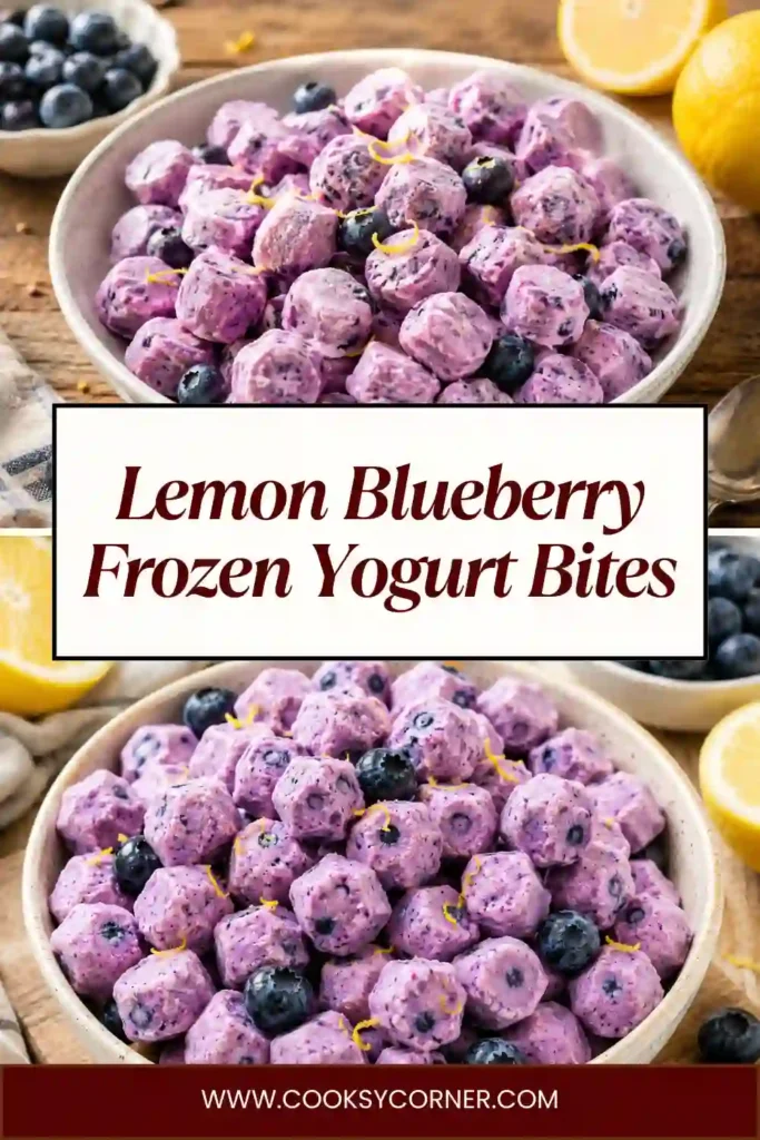 Creamy Lemon Blueberry Frozen Yogurt Bites coated in Greek yogurt with fresh blueberries and lemon zest. This healthy frozen snack is refreshing, colorful, and perfect for summer.
