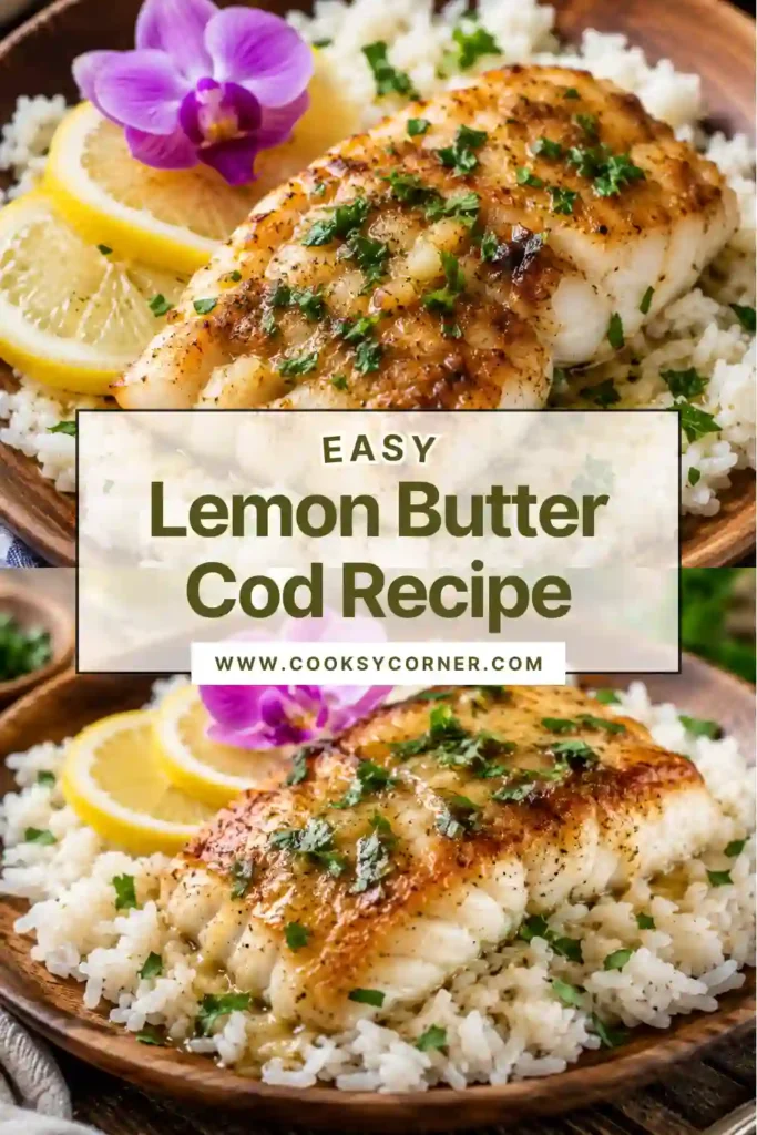 Close-up of flaky Lemon Butter Cod topped with garlic butter sauce and chopped parsley. This healthy cod recipe is served with fresh lemon for a bright, flavorful finish.
