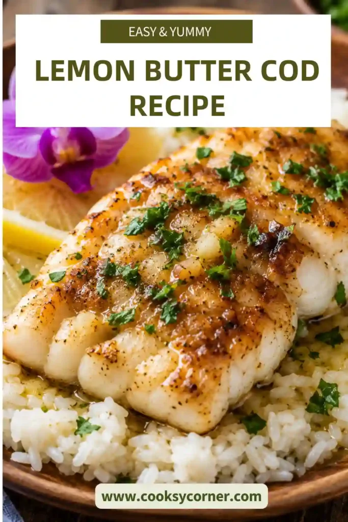 Pan-seared Lemon Butter Cod served with a rich garlic butter sauce, fresh parsley, and lemon wedges on a white dinner plate. The flaky cod has a perfectly golden crust and is ready for an easy seafood dinner.