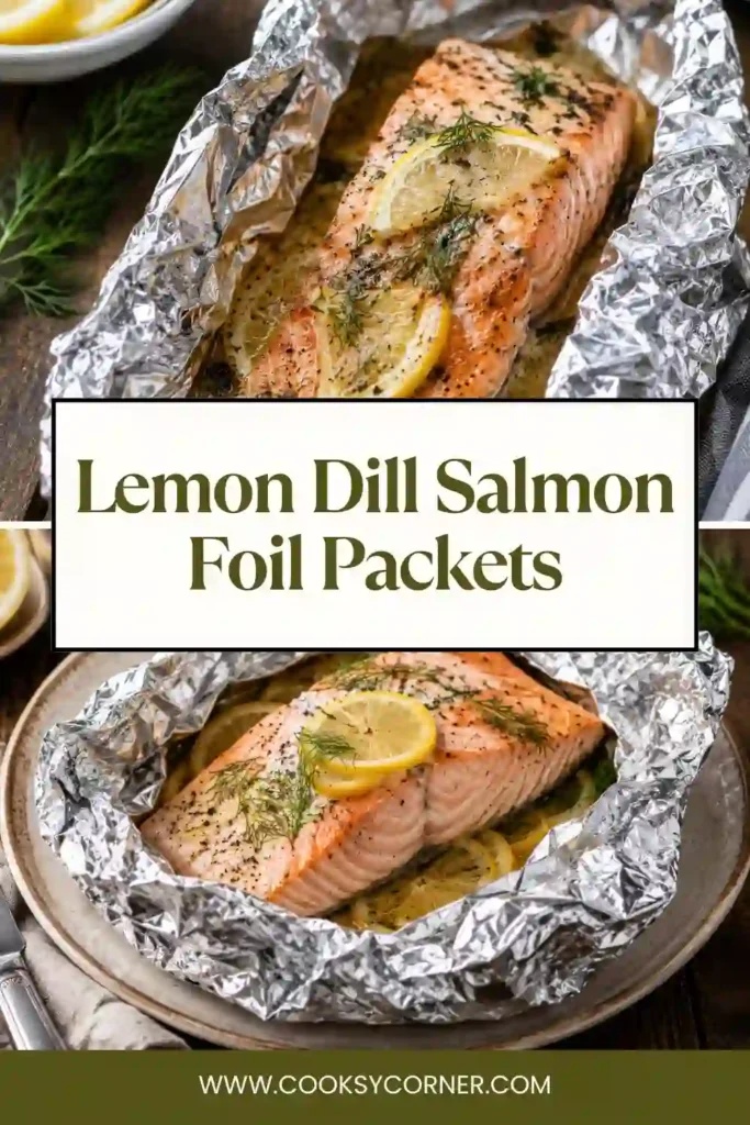 Fresh salmon fillets surrounded by garlic, lemon, dill, butter, olive oil, and seasonings on a clean kitchen surface. These simple ingredients come together to make flavorful Lemon-Dill Salmon Foil Packets.