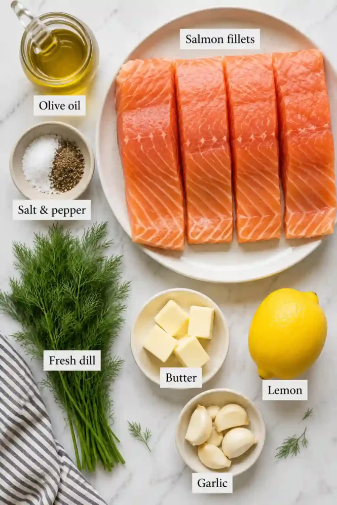 A beautifully arranged ingredient spread for Lemon-Dill Salmon Foil Packets showing fresh herbs, citrus, butter, garlic, olive oil, and salmon ready for grilling or baking.