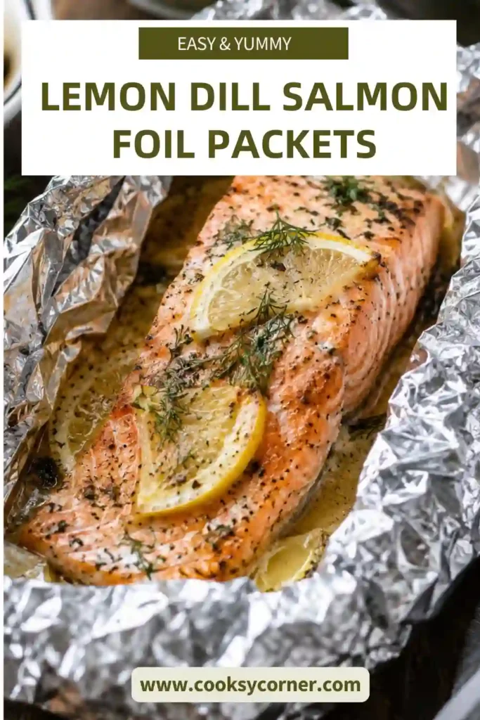 Fresh ingredients for Lemon-Dill Salmon Foil Packets arranged neatly on a white countertop, including salmon fillets, lemon, fresh dill, garlic, butter, olive oil, salt, and black pepper. Everything needed for an easy grilled salmon dinner.
