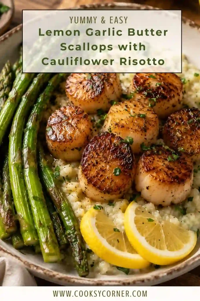 Overhead view of ingredients for Lemon Garlic Butter Scallops with Cauliflower Risotto featuring fresh seafood, vegetables, dairy, herbs, and citrus in natural lighting.