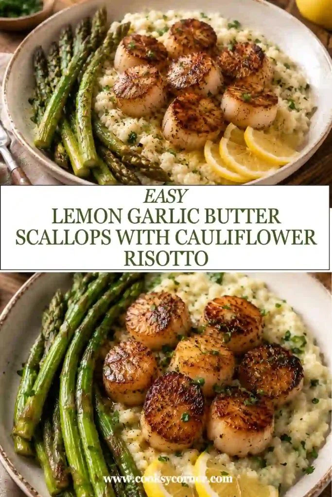 A flat lay of scallops, cauliflower rice, asparagus, fresh spinach, garlic, onion, butter, Parmesan cheese, mascarpone, and lemon prepared for a creamy low-carb seafood dinner.