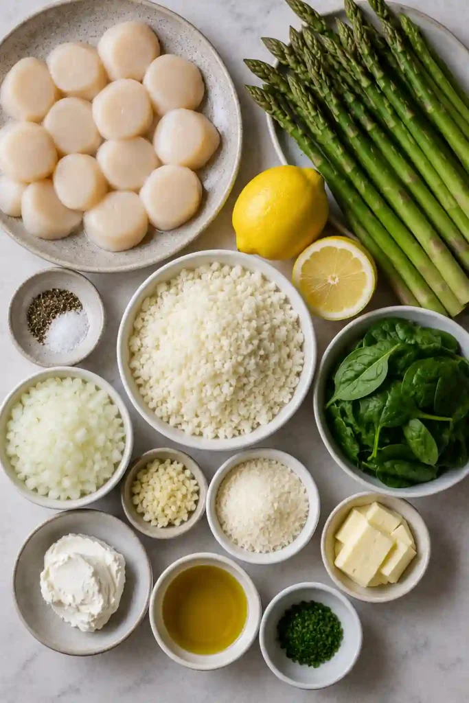Fresh scallops, cauliflower rice, asparagus, lemon, butter, garlic, Parmesan, mascarpone, and spinach beautifully arranged for a healthy seafood recipe.