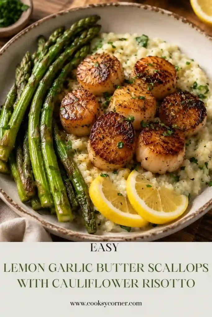Fresh ingredients for Lemon Garlic Butter Scallops with Cauliflower Risotto arranged on a marble countertop, including jumbo scallops, cauliflower rice, asparagus, butter, Parmesan, mascarpone, spinach, onion, garlic, and lemon.