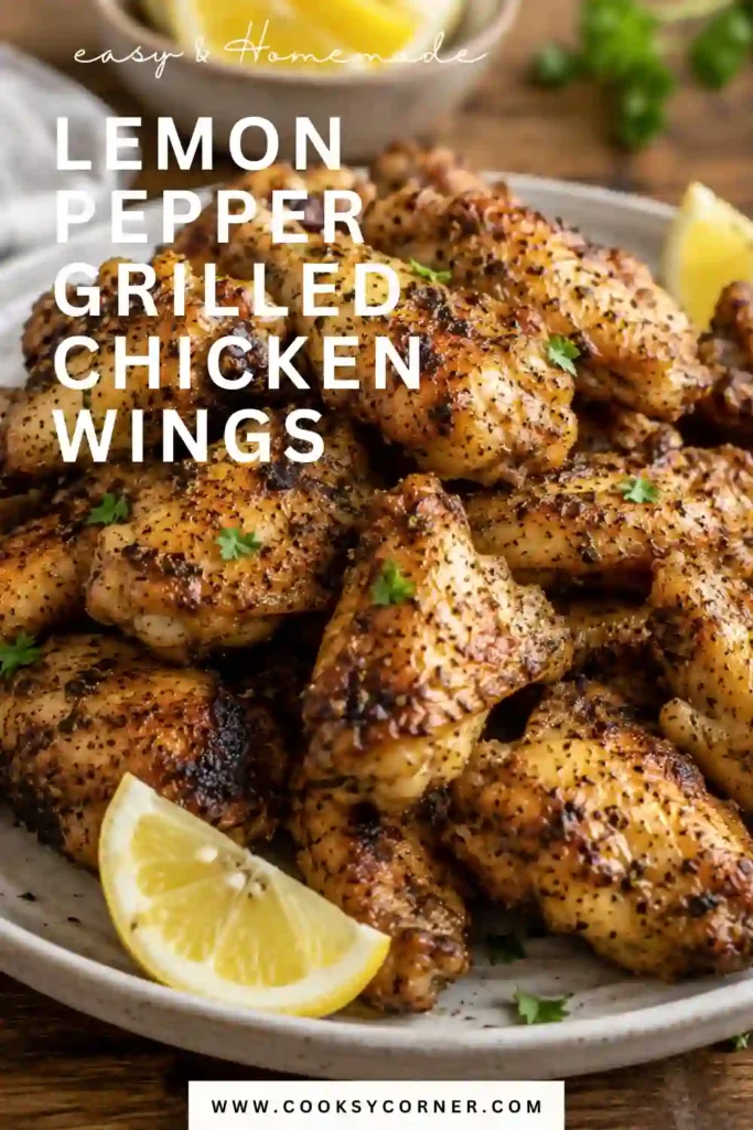 Close-up of Lemon Pepper Grilled Chicken Wings coated in melted butter and lemon juice. These easy grilled chicken wings have crisp skin and tender, juicy meat.