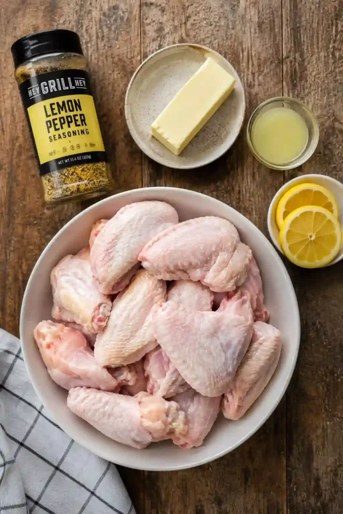 Golden Lemon Pepper Grilled Chicken Wings arranged on a platter with fresh herbs and lemon slices. A delicious BBQ chicken wings recipe for family meals and parties.