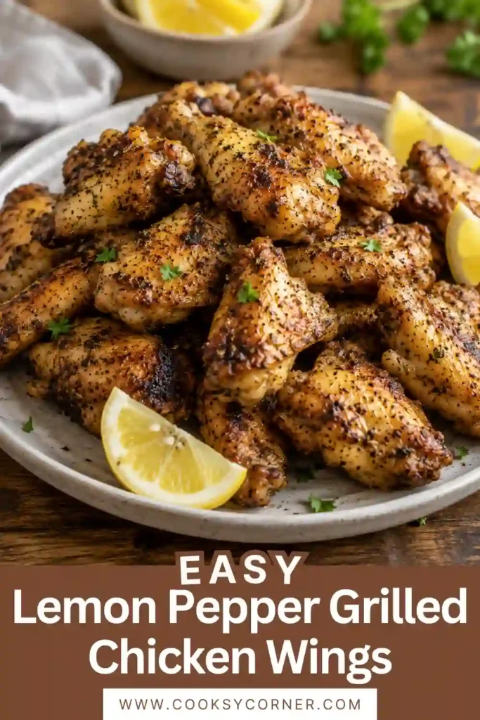 Freshly grilled Lemon Pepper Grilled Chicken Wings served with sliced lemons on a serving platter. The crispy grilled wings have a smoky finish and bright citrus flavor.