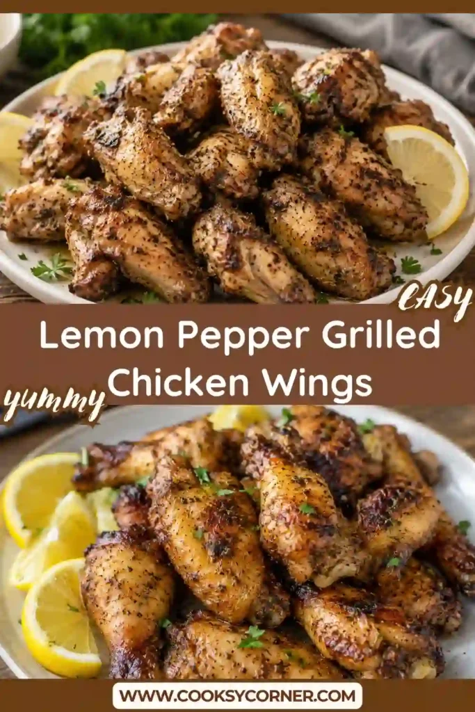 A platter of Lemon Pepper Grilled Chicken Wings with crispy golden skin, buttery lemon glaze, and fresh lemon wedges. These grilled chicken wings are juicy, flavorful, and perfect for backyard BBQs.