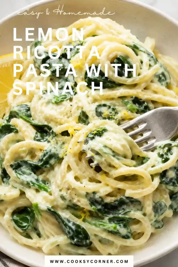 Creamy spinach pasta made with ricotta cheese, fresh lemon, Parmesan, and olive oil. A simple vegetarian dinner recipe that's both satisfying and refreshing.
