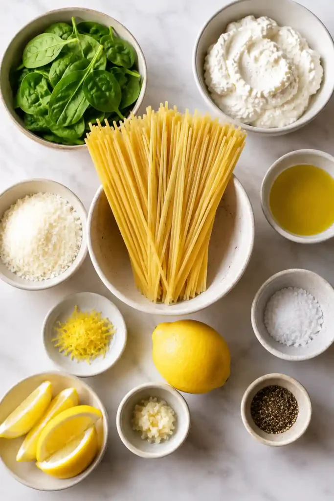 Homemade Lemon Ricotta Pasta served with spinach, Parmesan cheese, and lemon wedges. An easy creamy pasta recipe perfect for lunch or dinner.