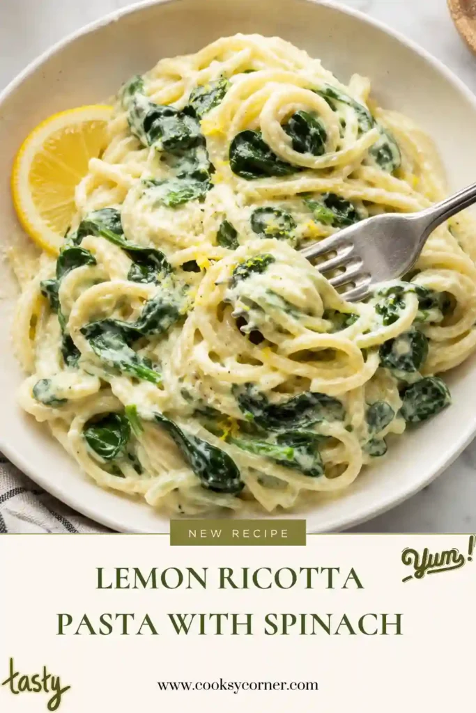 A bowl of creamy Lemon Ricotta Pasta tossed with fresh spinach, Parmesan cheese, and lemon zest. This easy vegetarian pasta recipe is rich, bright, and perfect for a quick family dinner.