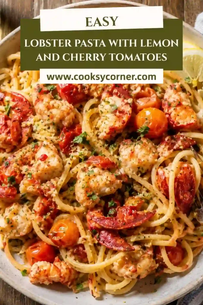 Italian-inspired lobster pasta garnished with parsley, lemon zest, and Parmesan cheese in a light tomato sauce.