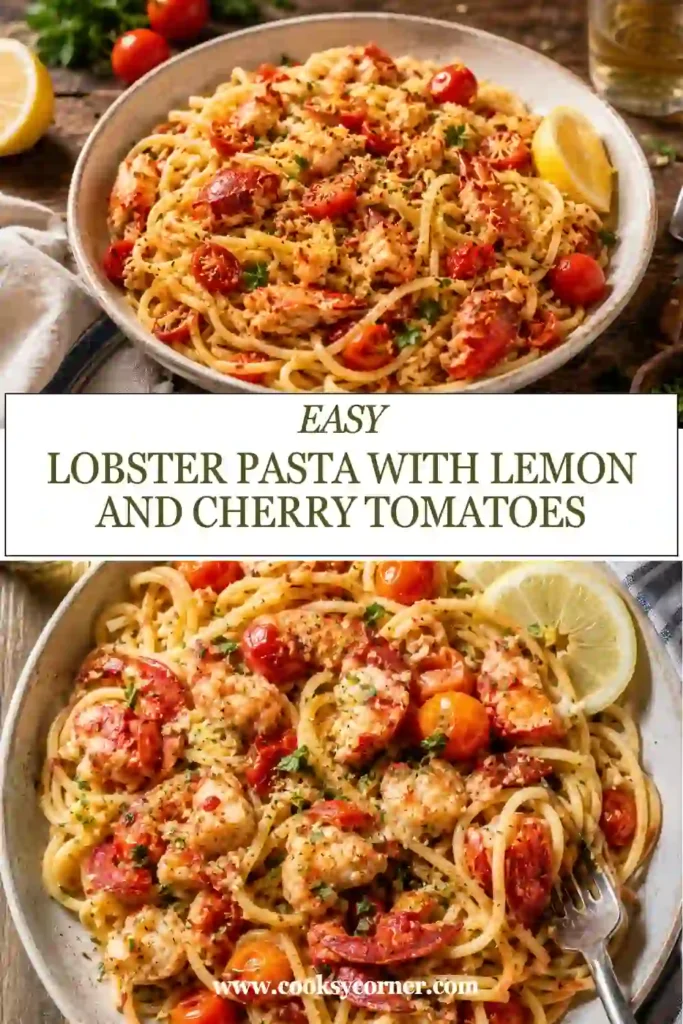 Homemade lobster pasta featuring tender lobster meat, burst cherry tomatoes, garlic, olive oil, and fresh herbs tossed with bucatini.
