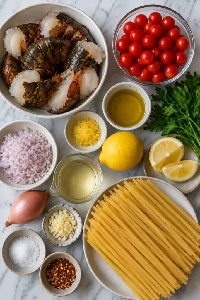 Elegant seafood pasta with lobster, cherry tomatoes, garlic, lemon, and fresh parsley served in a white bowl.