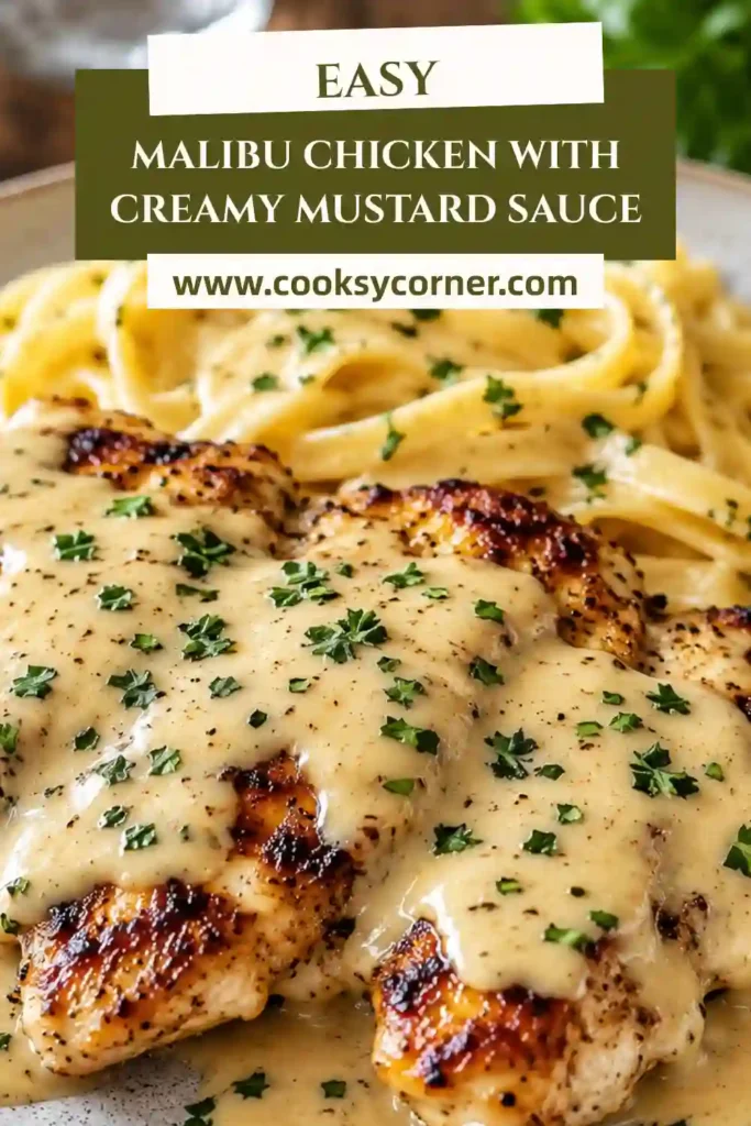 Freshly cooked Malibu Chicken with crunchy panko coating, turkey ham, and melted Swiss cheese on a serving plate. Served with a rich homemade honey mustard sauce.