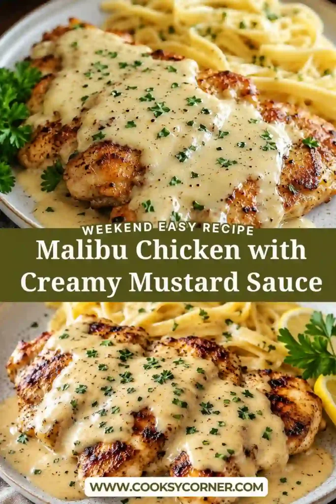 Close-up of homemade Malibu Chicken featuring crispy breaded chicken breasts with melted Swiss cheese and creamy mustard sauce. A comforting American-style dinner recipe.