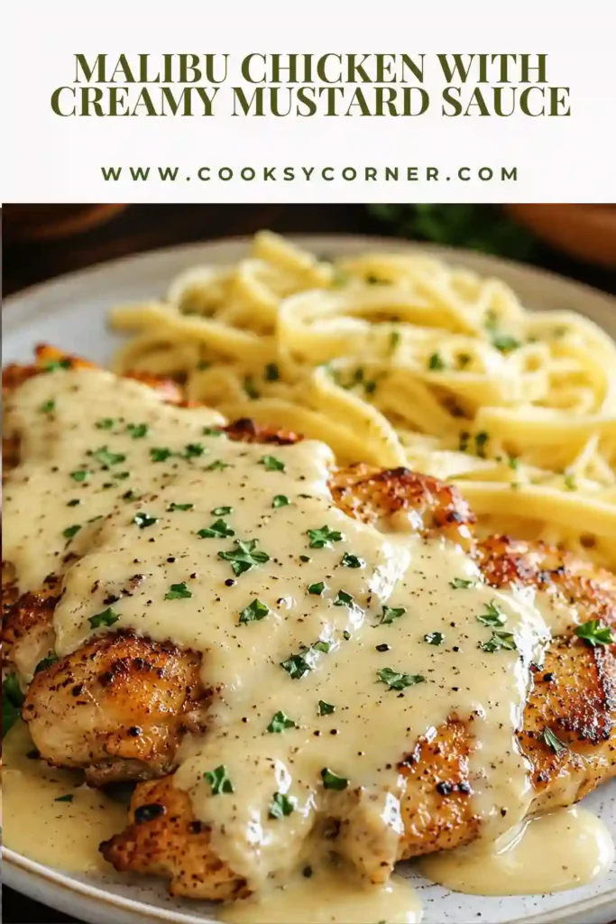 Golden crispy Malibu Chicken topped with melted Swiss cheese and turkey ham, served with creamy honey Dijon mustard sauce. This easy chicken dinner is perfect for family meals.
