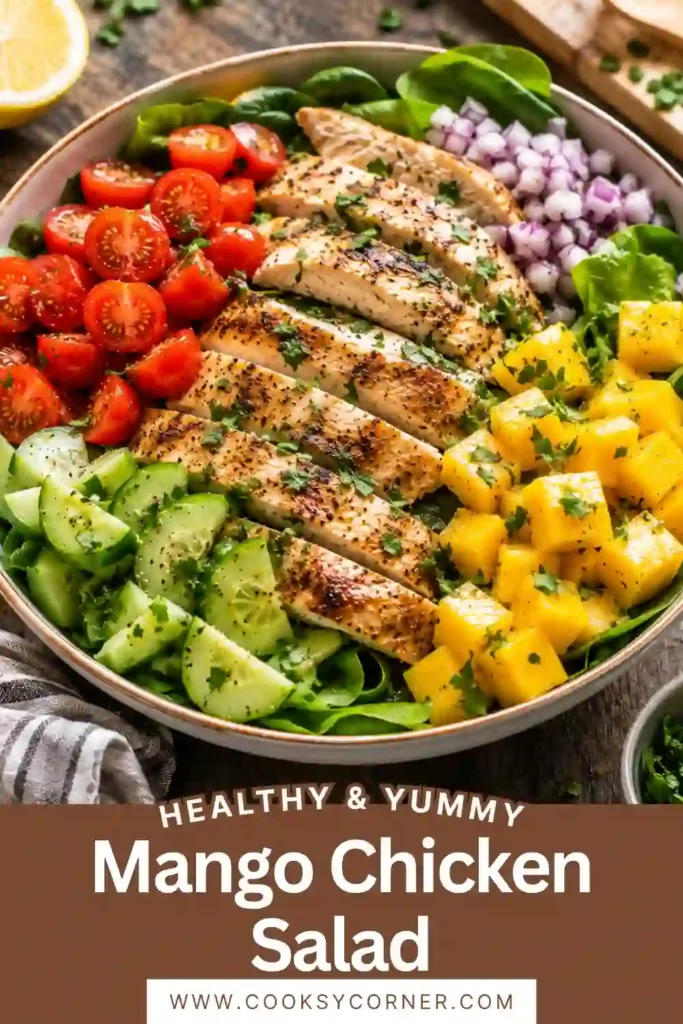 Close-up of a vibrant mango salad recipe made with tender chicken, fresh vegetables, spinach, and sweet mango. Perfect as a healthy summer salad for lunch or dinner.